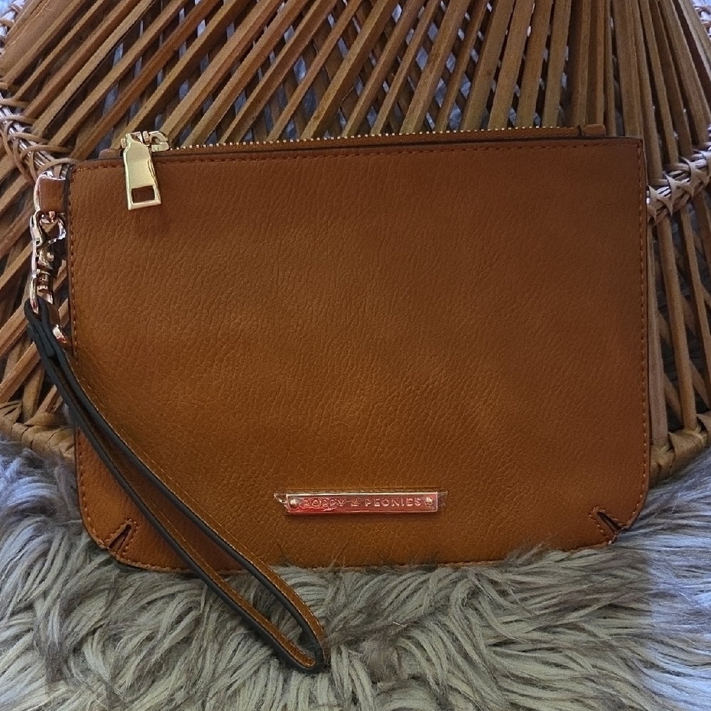 Poppy & Peonies Tan Brown Leather Wristlet Clutch with Gold Hardware